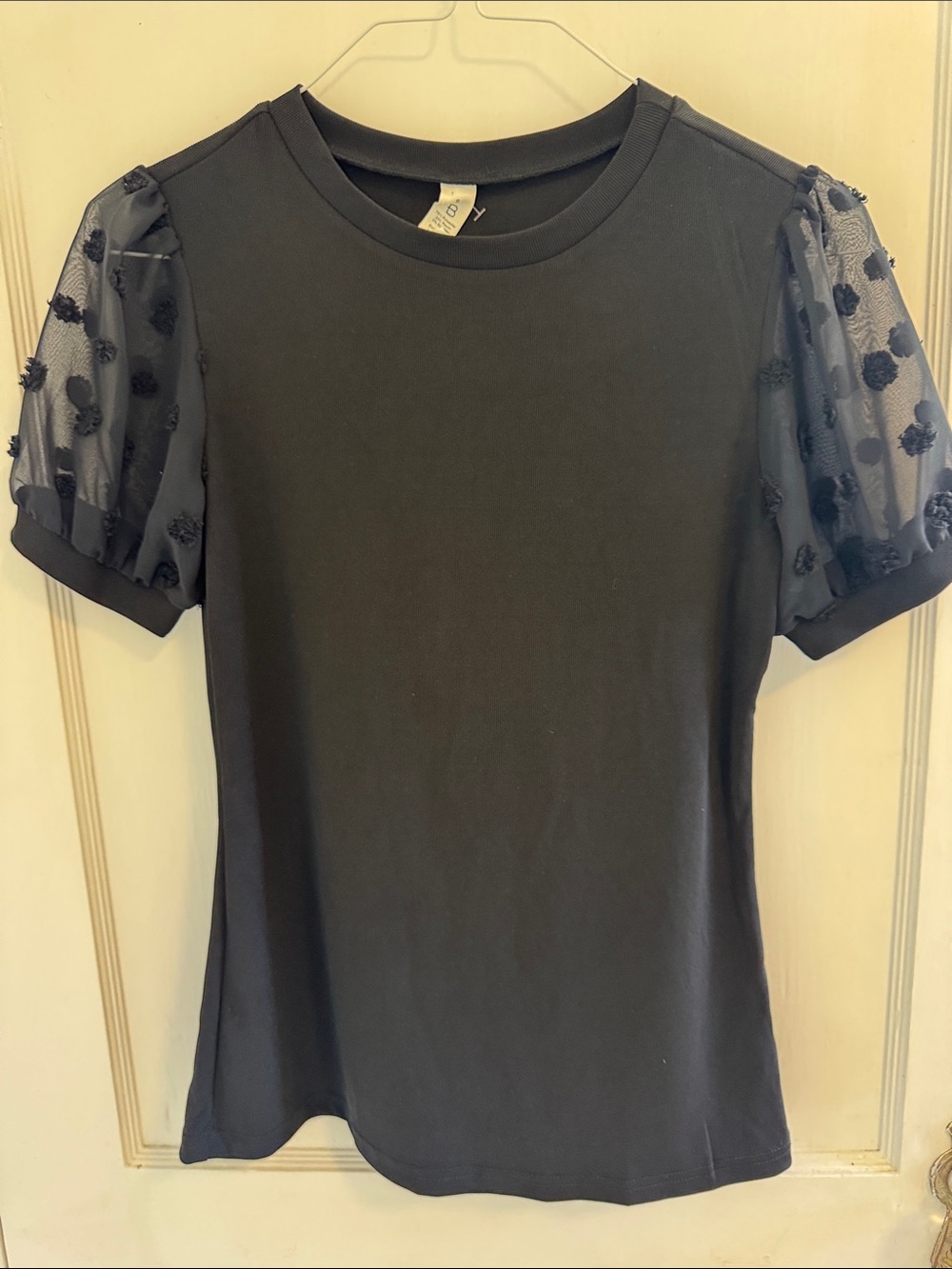 Black Short-Sleeve Tee with Sheer Puff Dot Sleeves